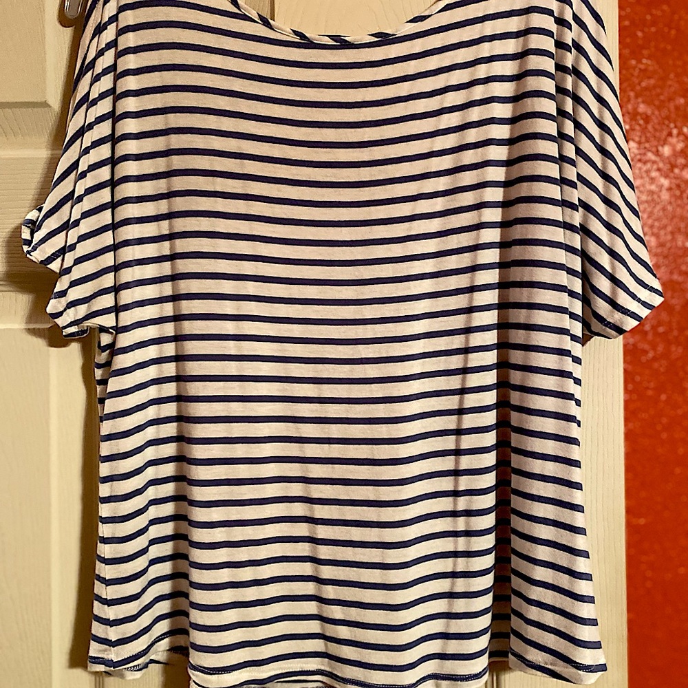 White and blue striped top, shoulders peek through, size XL